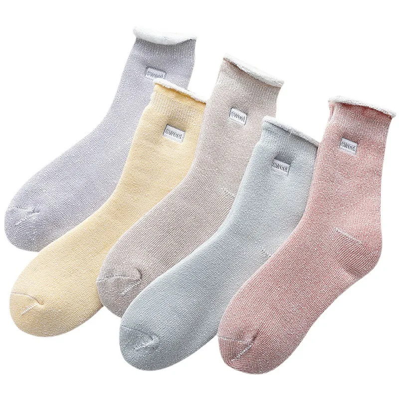 5 paires de chaussettes mi-mollet pour femmes, automne hiver, doublure polaire thermique, épaisses, chaudes, amples, ensemble de chaussettes moelleuses pour filles, 2025