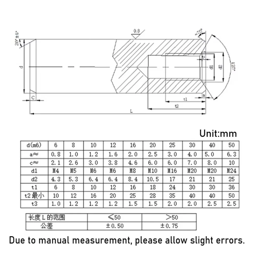 45# Quenched Steel GB120 Cylindrical Positioning Pin, M2.5 M3 M4 M5 M6 Single Internal Thread Tapping Pin OD 4mm-10mm