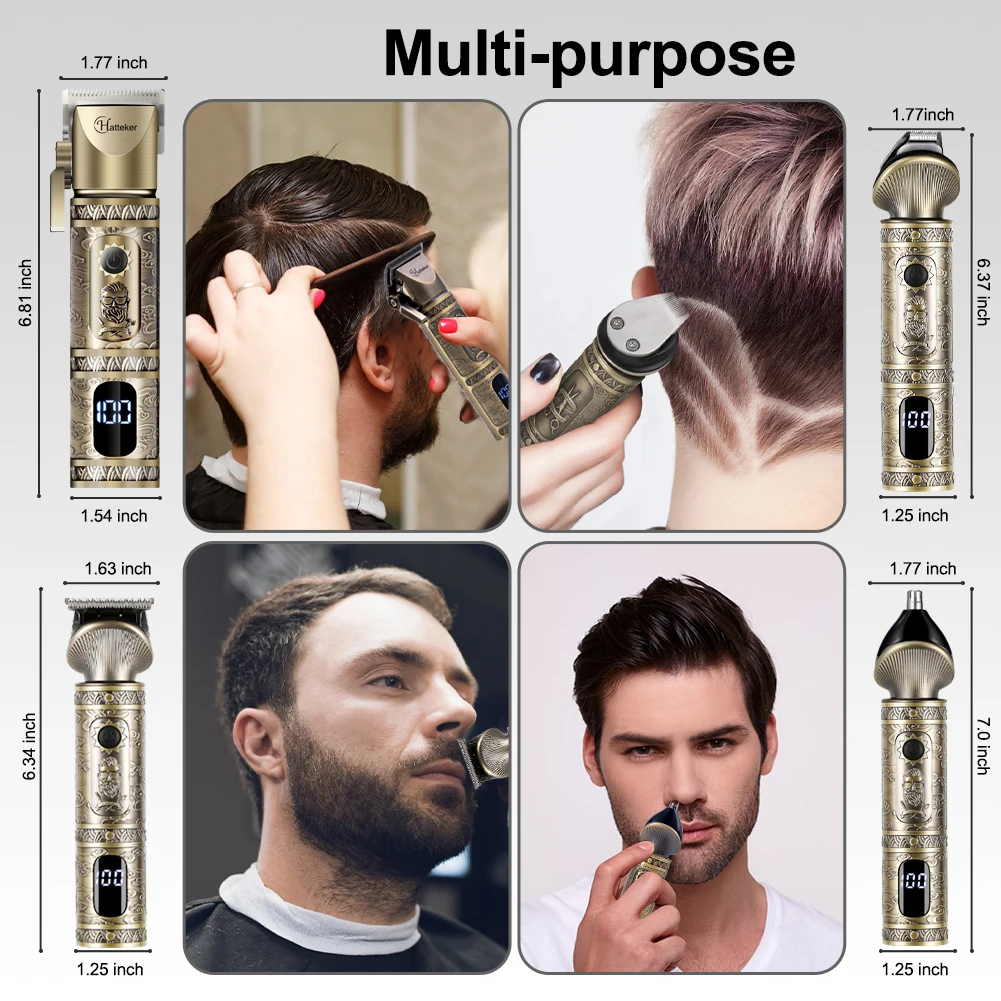 HATTEKER 2PC Professional Cordless Hair Clipper for Men Metal Barber Kit with Trimmer Hair Cutting Set for Precision Cutting