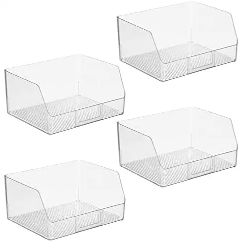 

Plastic Kitchen Food Storage Organizer Bin Basket with Open Front and Label Holder, 12 Inch Wide, 4 Pack, Clear