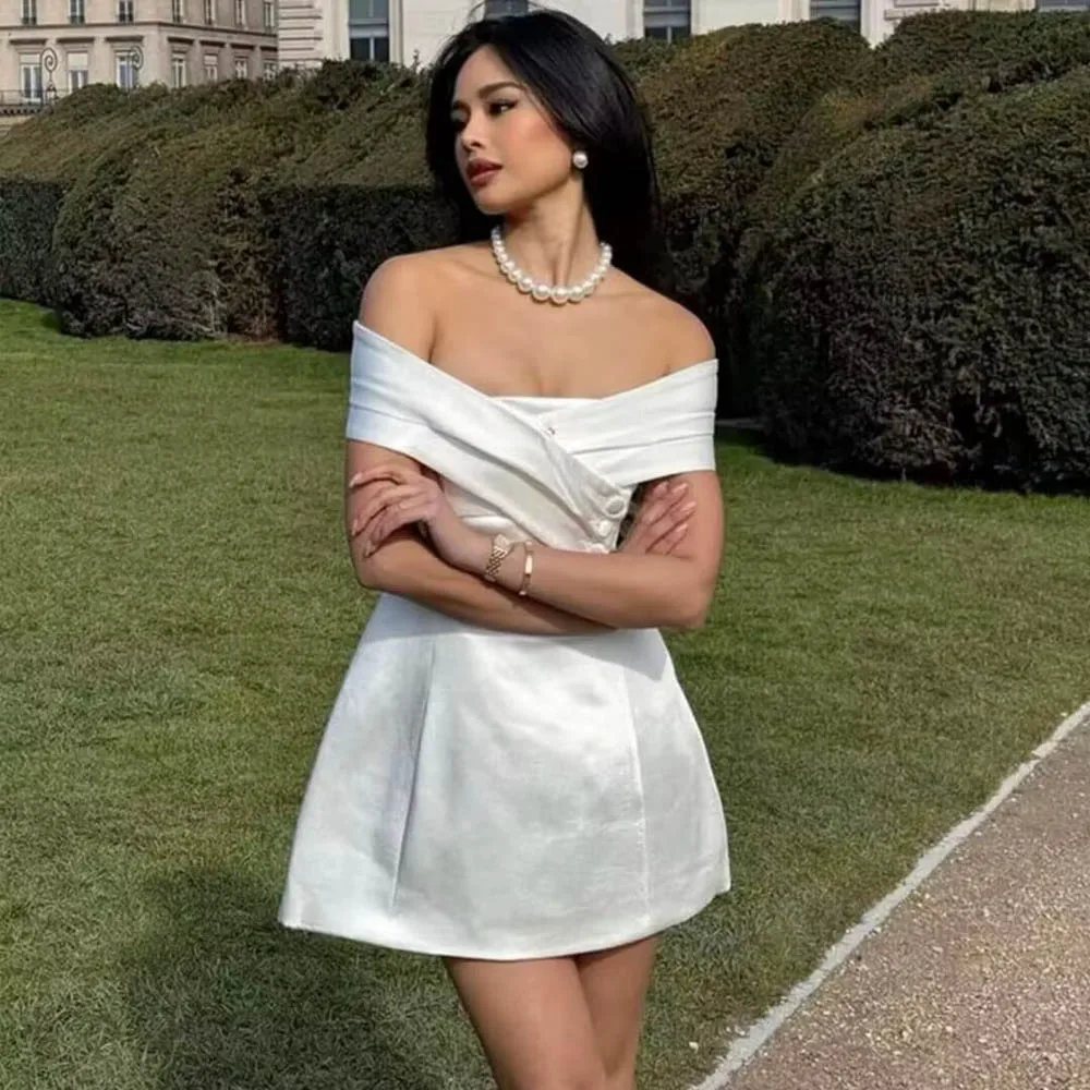 Customized Off Shoulder Short Wedding Dresses for Bride A Line Satin Bodycon Cross Short Bridal Reception Bridal Gown