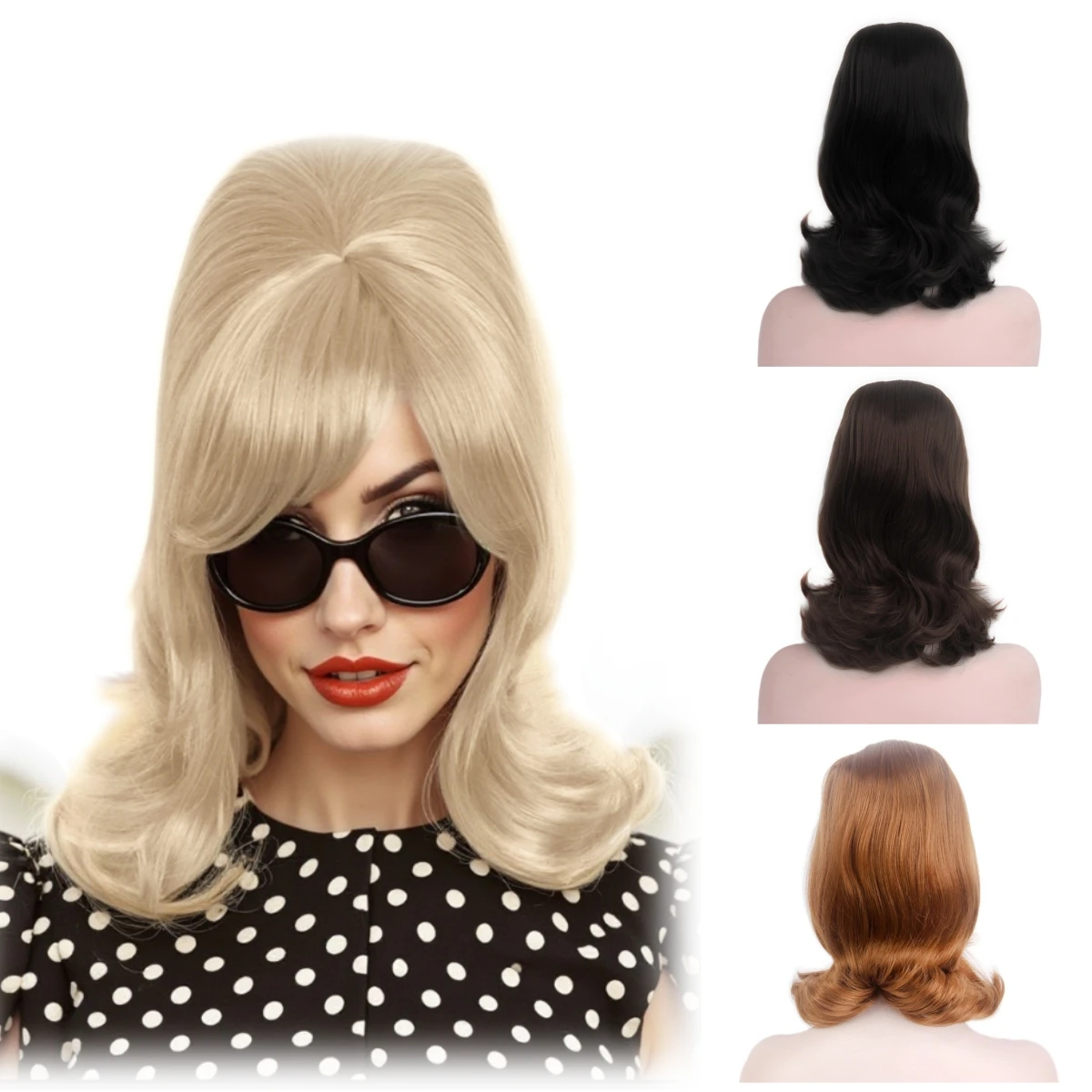 

REEWES 60s Beehive Wig Pin-up do Curls Hair Black Brown 613 Blonde Vintage Synthetic wig For Halloween Cosplay Costume Party