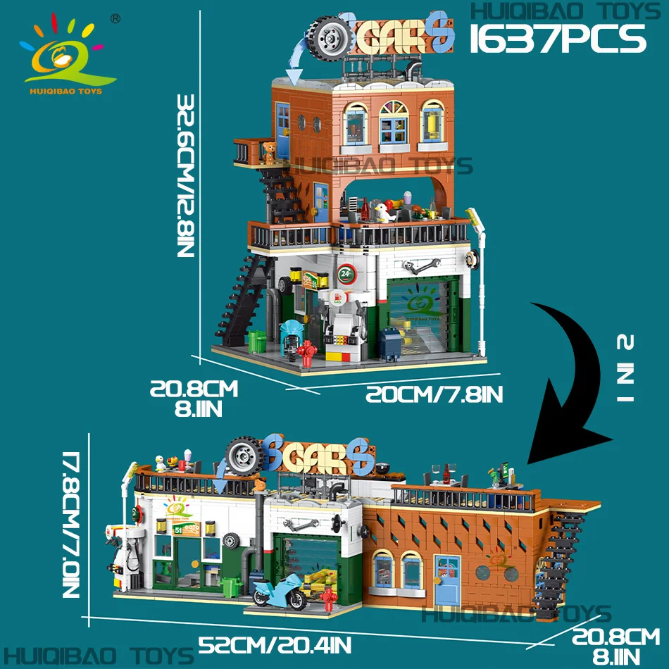 HUIQIBAO 1637PCS 2in1 도시 자동차 서비스 센터 모델 빌딩 블록 DIY 차고 자동차 수리점 장식 벽돌 장난감 성인