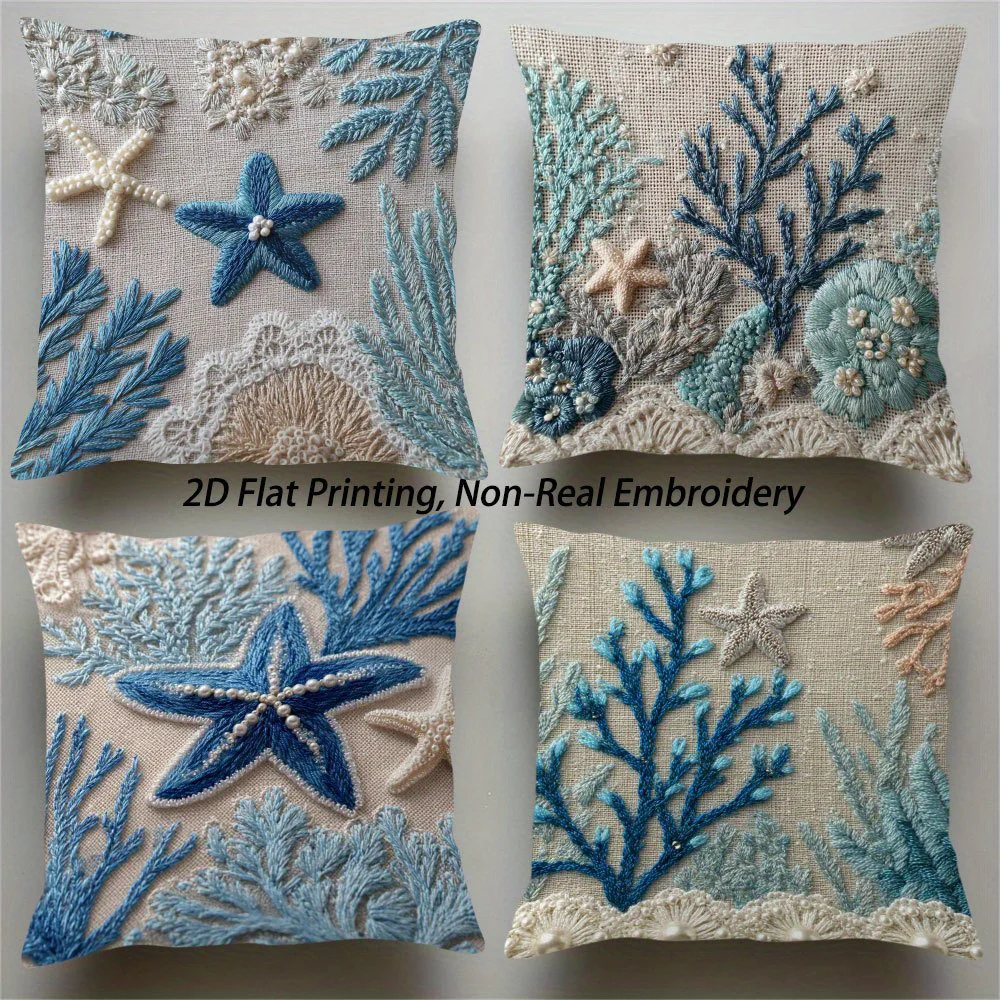 4Pcs Double‑Sided 2D Flat Print Ocean Style Pillow Covers,Imitation Embossed Starfish Coral Zipper Cushion Cases for Living Room