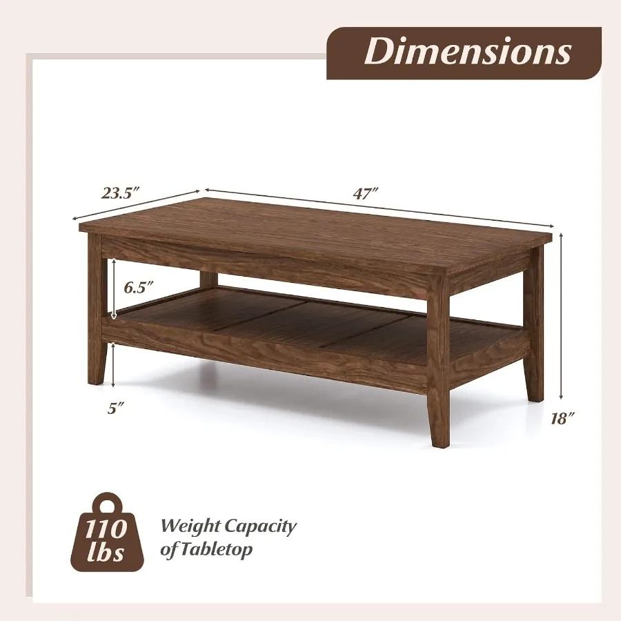Mid Century Modern Coffee Table for Living Room, Solid Wood Construction, Warm Walnut Finish, Sleek Tapered Legs and Ample Surf