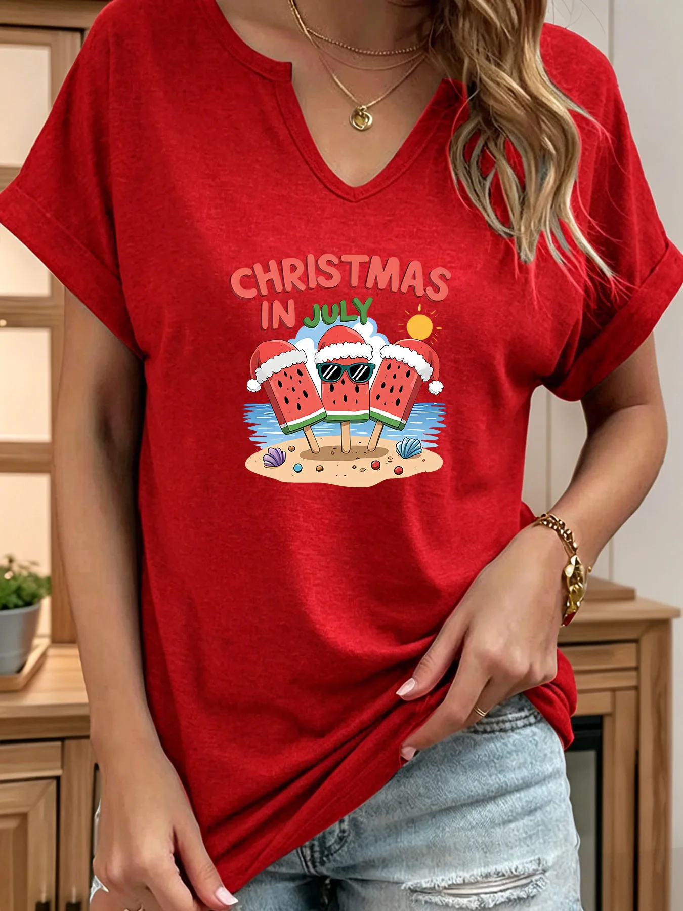 Christmas beach watermelon print T-shirt, casual and fashionable V-neck rolled sleeve short-sleeved top for women