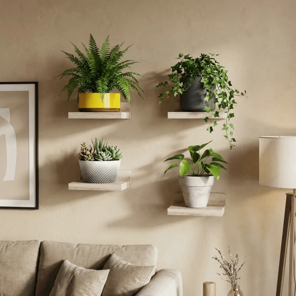 4PCS Durable Wood Small Floating Shelves Simple Decorative Wall Mounted Shelves Plant Display Rack Rustic Flower Racks Office