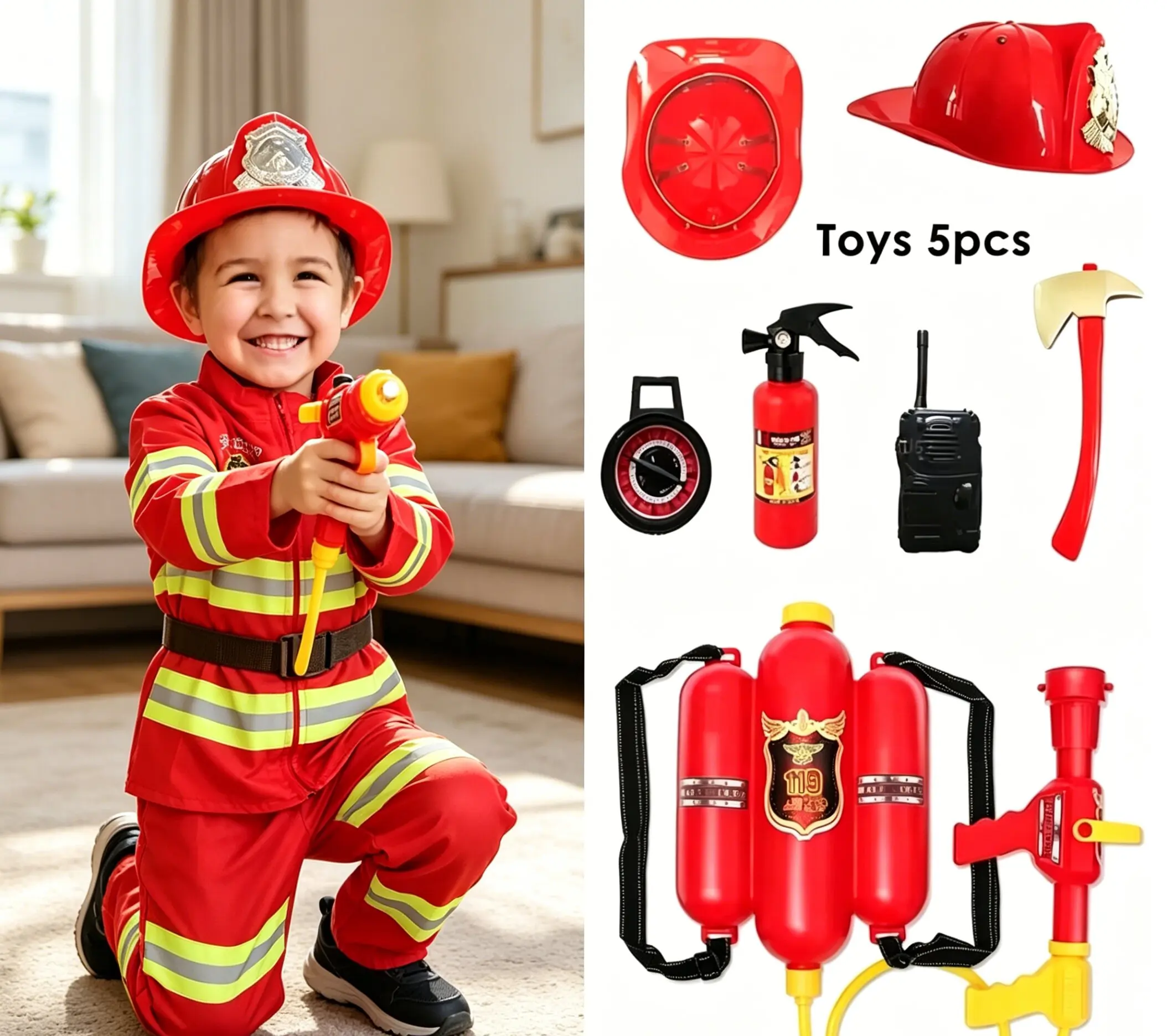 New Red Firefighter Costumes Firefighting Heroes Dress Up Clothes Carnival Firefighting Toys Hat Walkie Talkie Fire Extinguishe