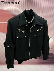 Trendy Metal Design High-end Handsome Long Sleeve Jackets Men's 2024 Autumn Winter New Loose Coat Trendy Short Motorcycle Jacket