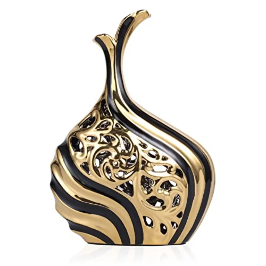 Floor Standing Large Vase for Living Room Home Office Porch Entryway: Black and Gold Metal Skeletonized Design 15 Inch Pampas G