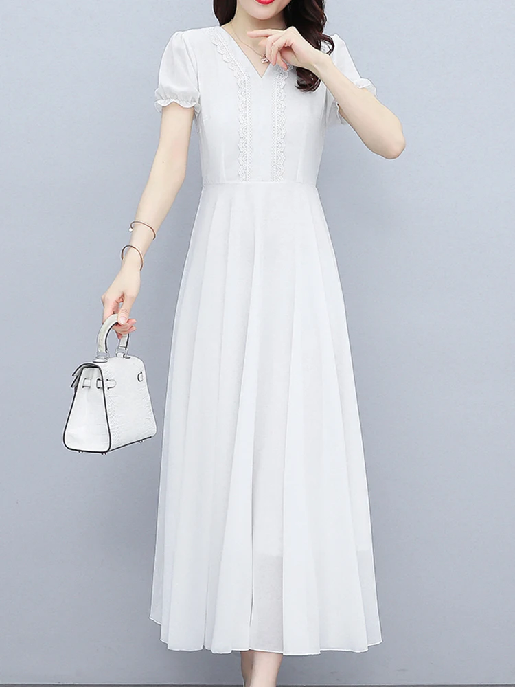 2024 White Chiffon Chic Lace V-Neck Prom Long Dress Women Fashion Elegant Casual Beach Dress Summer Bodycon Party Night Vestidos