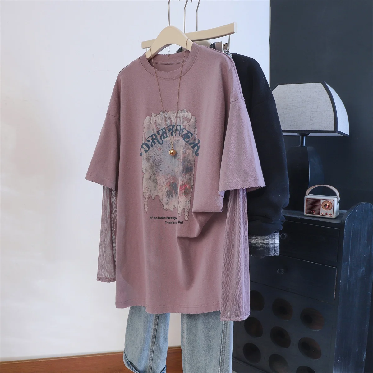 

Gentle Purple Anti-Aging Print Me Splice ort Sve T-irt Men's Summer Loose Versatile Sun Protection Top