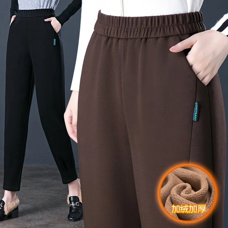 

Winter Women's Trousers New Fleece Warm Casual Pants Female Elastic High Waist Harun Pants Middle aged Mothers Long Pants 4XL