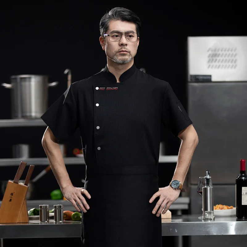 Uniforme de cozinha de manga curta masculino, macacão de chef do hotel, roupa de cantina fina longa, jantar e hotel, verão