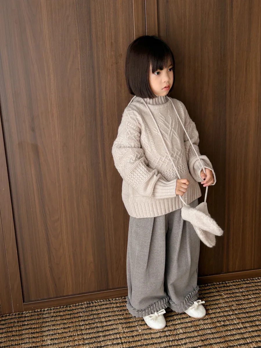 Girls Pants Autumn Winter 2024 New Fashion Wood Ear Edge Girls Flannel Pants Wide Leg Pants Autumn Simple Casual Trousers image 5