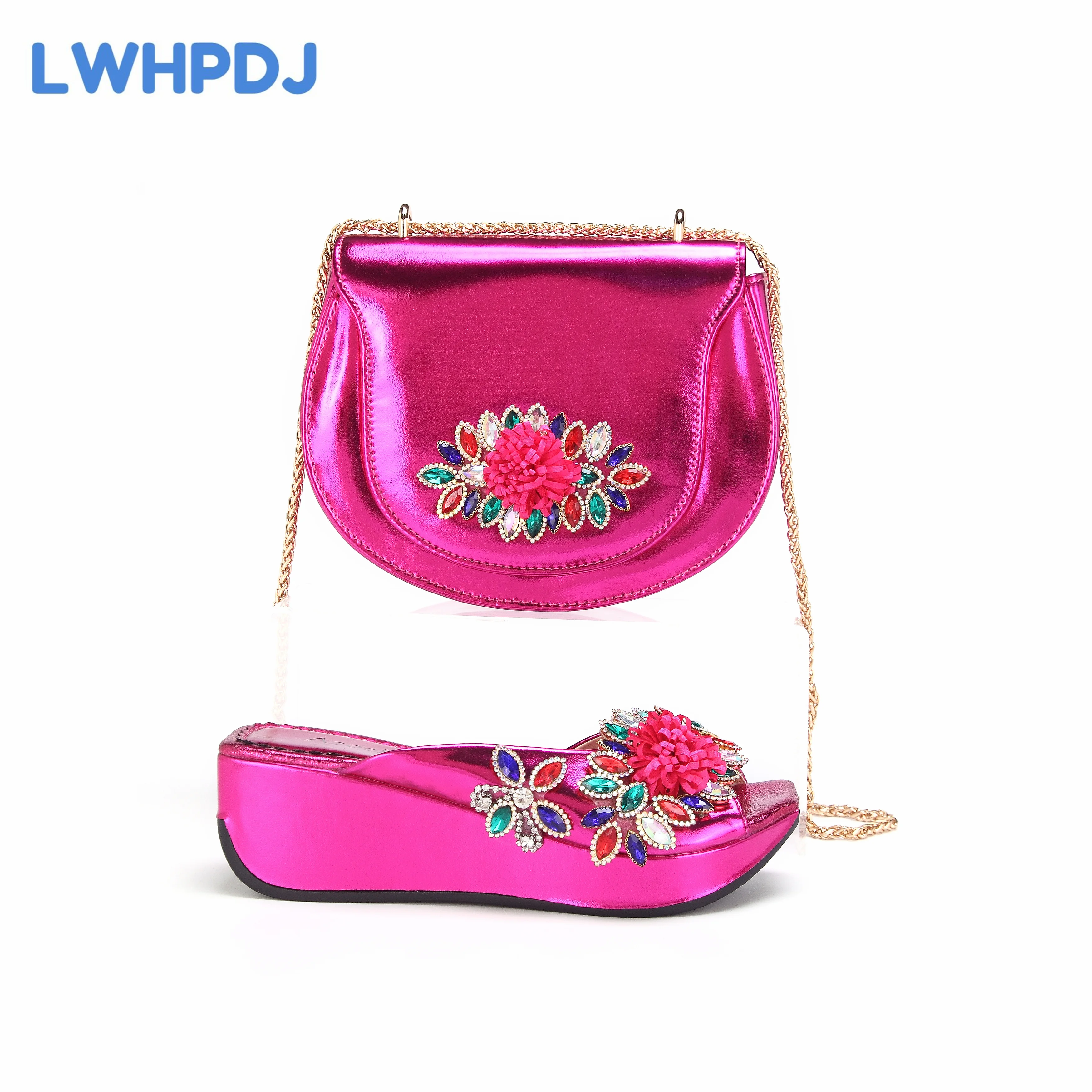 

2024 High Quality Fuchsia Color Peep Toe Wedges Design Ladies Slipper with Bag Set For Women Wedding Party