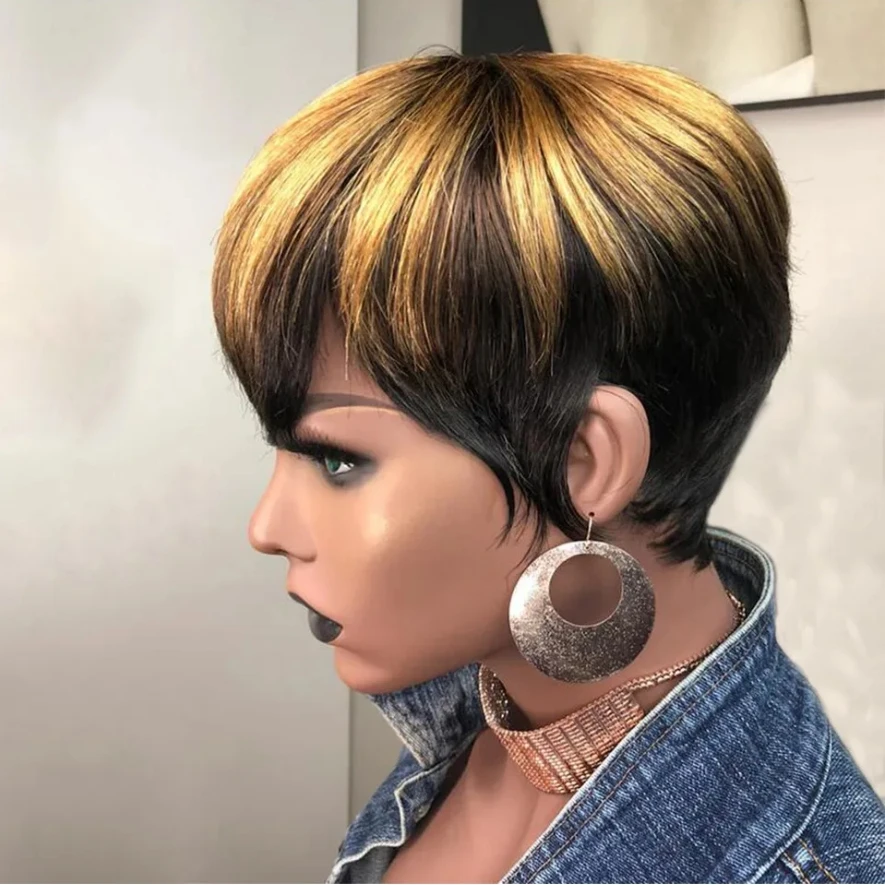 180D Pixie Cut Wigs 1b/27 Human Hair Ombre Pixie Wigs for Black Women 100% Human Hair Short Wigs Cheap Wigs Full Machine Made