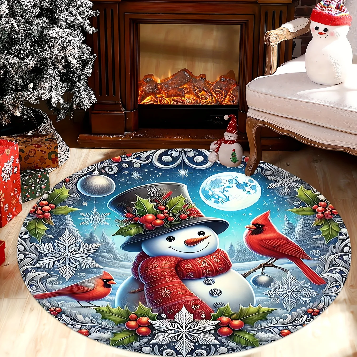 Christmas Wreath Round Rug Red Bow Pine Cone Green Holiday Floor Area Carpet for Home Living Room Bedroom Indoor Festive Decor