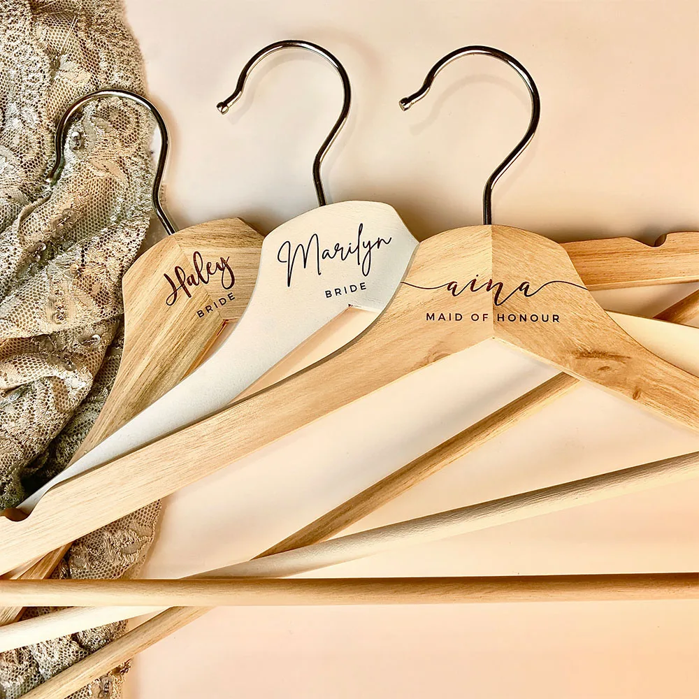 

Personalised Wooden Wedding Dress Hangers Bridesmaid & Groom Hanger Bridal Shower Gift Laser Engraved Hangers Bachelorette Party