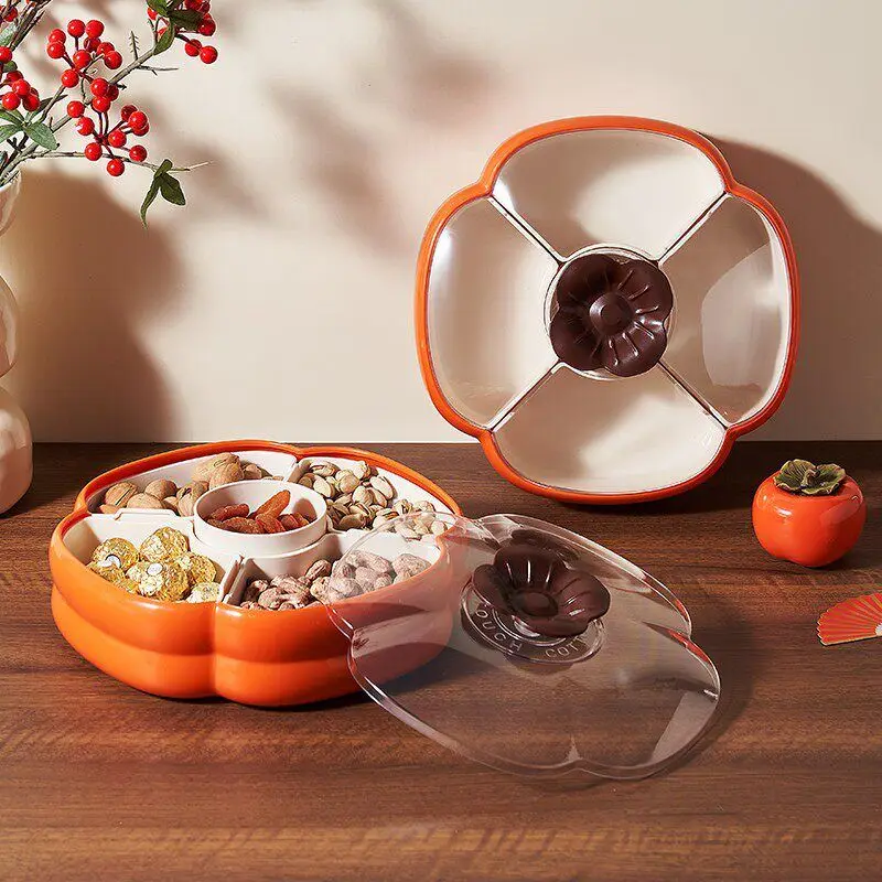 

Chinese Style Nuts Storage Box with Grids Living Room Fruit Tray Covered Lid Snack Dry Fruit Basket Holiday Celebration Supplies
