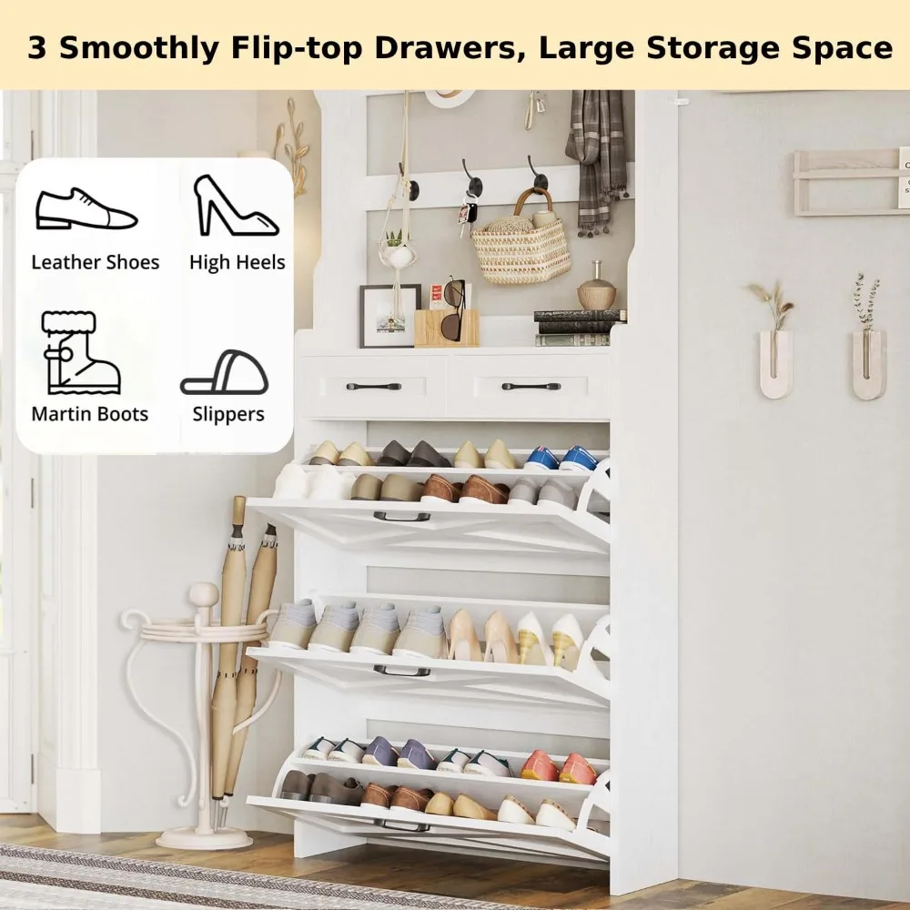 خزانة أحذية خشبية مع 3 أدراج ورف معطف، منظم تخزين قائم بذاته للمدخل، رف أحذية مدمج #4