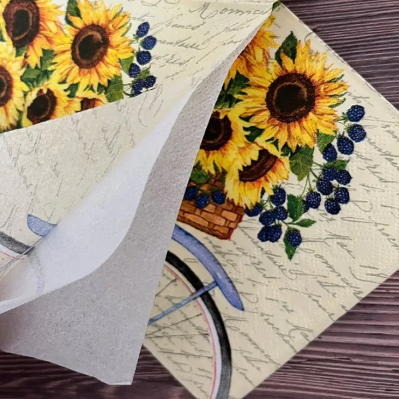 20pcs 25*25cm 3-Ply Sunflower Bicycle Printed Paper Napkins Colored Napkins Paper Placemats Party Decoration Supplies Paper