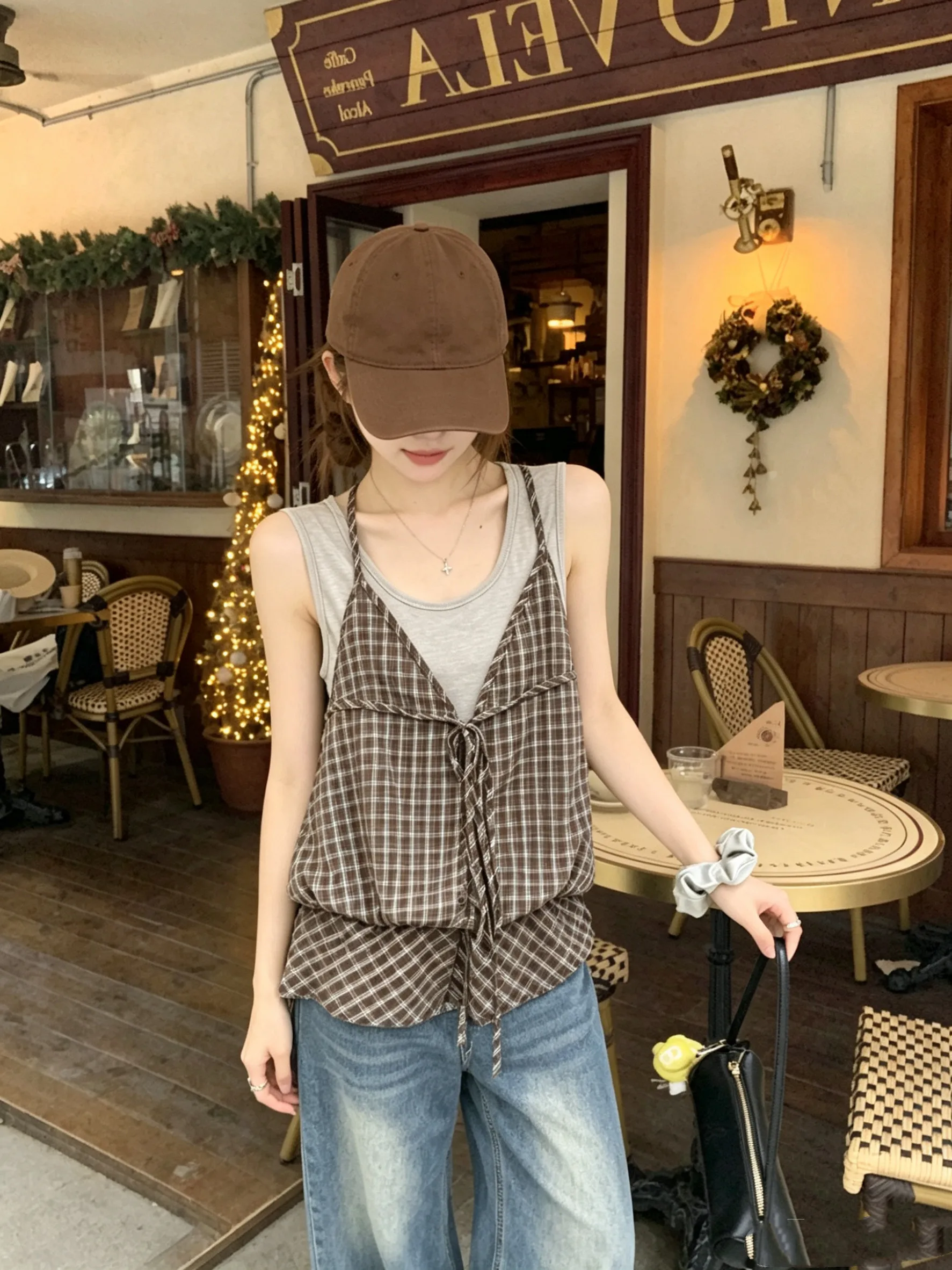 

Kumikumi Design Sensual Casual Slimming Top Women's Summer Leisure Fashionable Strap Vest Outerwear Mid-Length Checkered