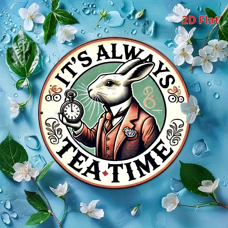 Panneau rond en bois 2D plat vintage Alice au pays des merveilles, Lapin 'Il est toujours l'heure du thé', Décoration murale pour les amateurs de livres fantastiques, Esthétique Cottagecore