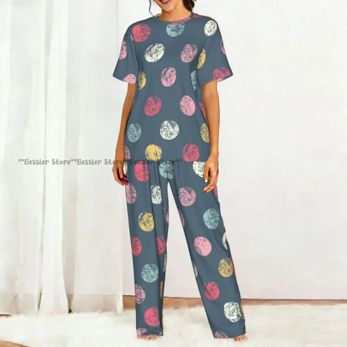 Stylish Polka Dot Background In Modern Colors Pajamas Set Short-sleeved Women Home Clothing 5