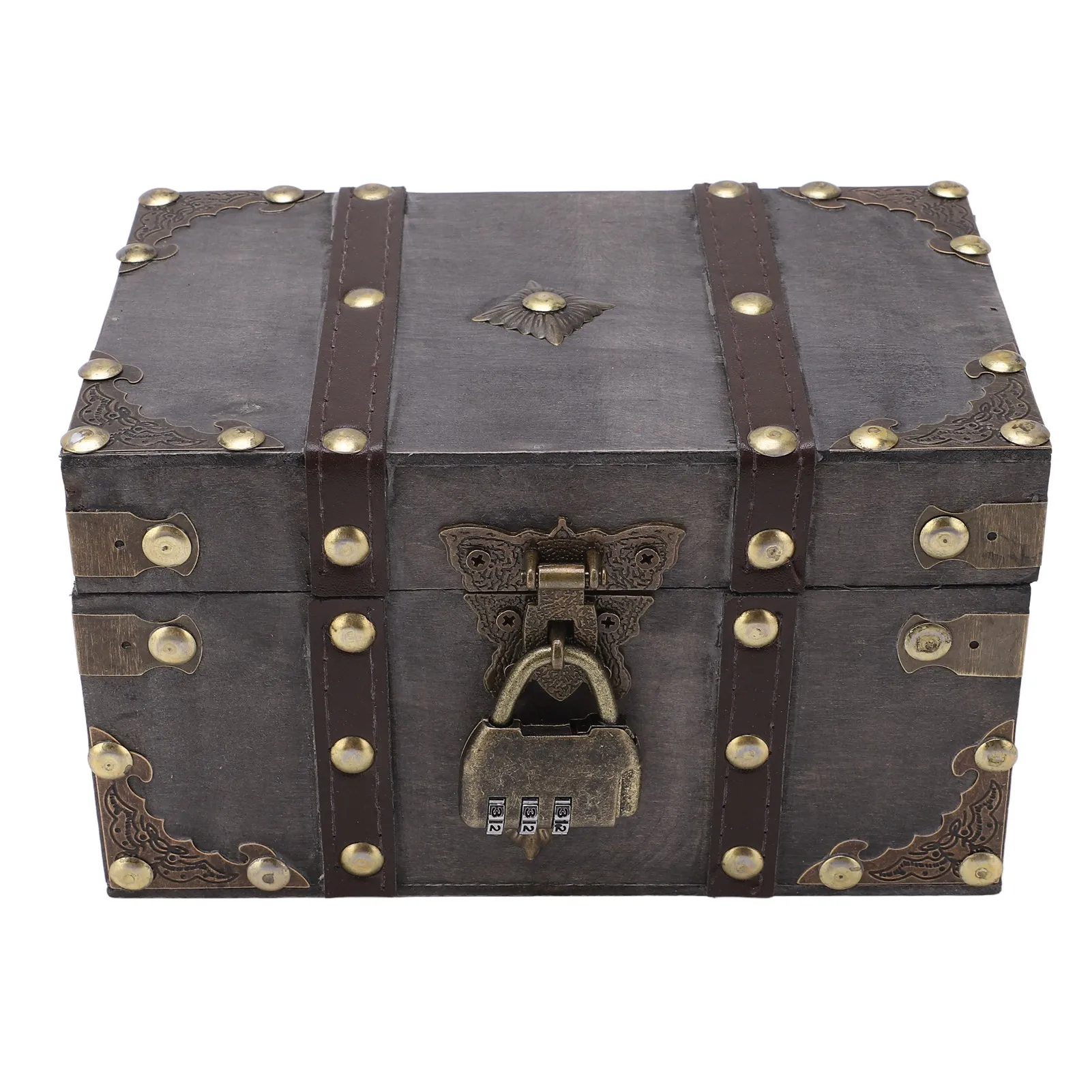 Retro Wooden Treasure Chest Vintage Jewelry Storage Box with Coded Lock for Photography Props Shop Window Decoration