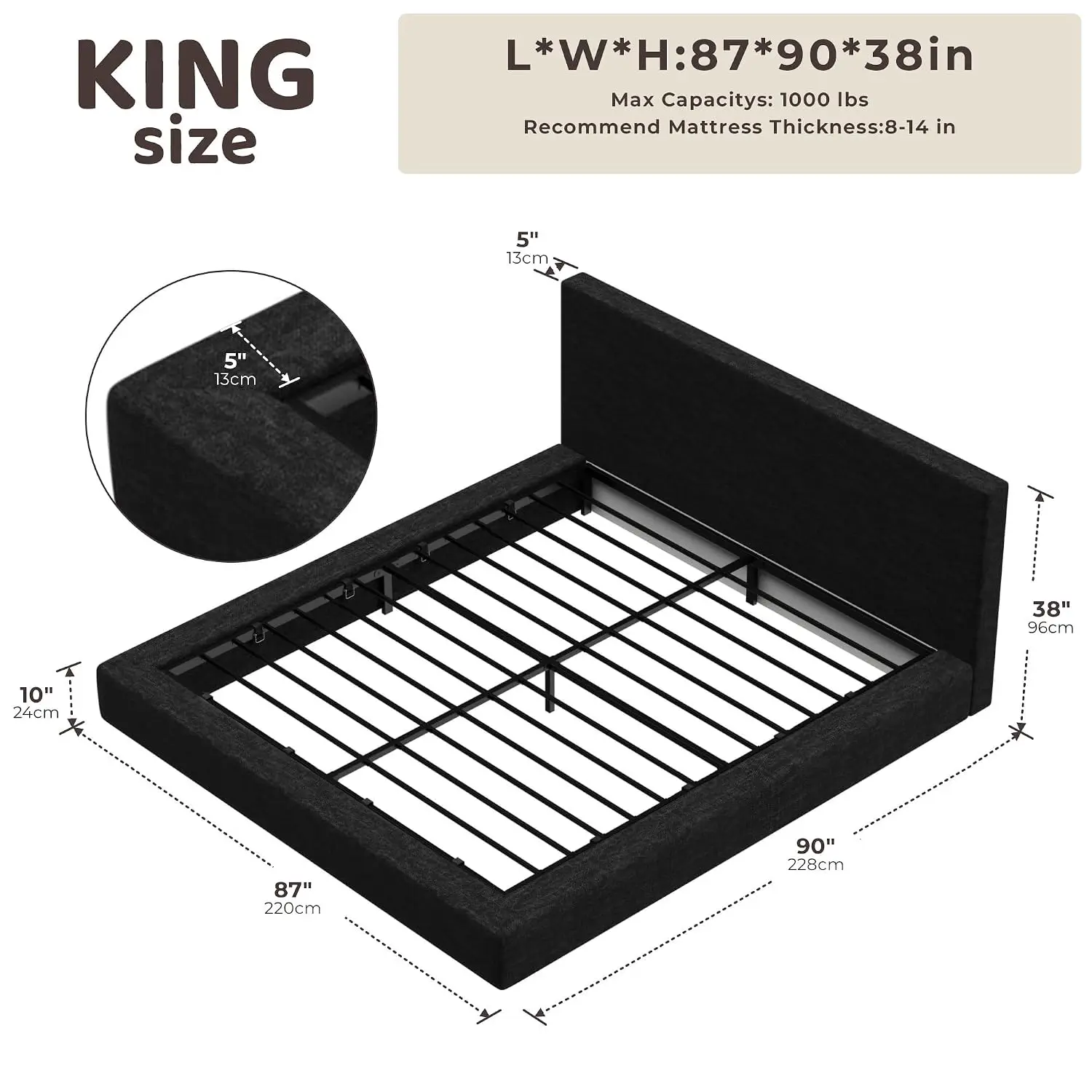 King Upholstered Bed Frame Plush Padded Headboard 360° Foam Surround Low Profile No Box Spring Easy Assembly, Customized