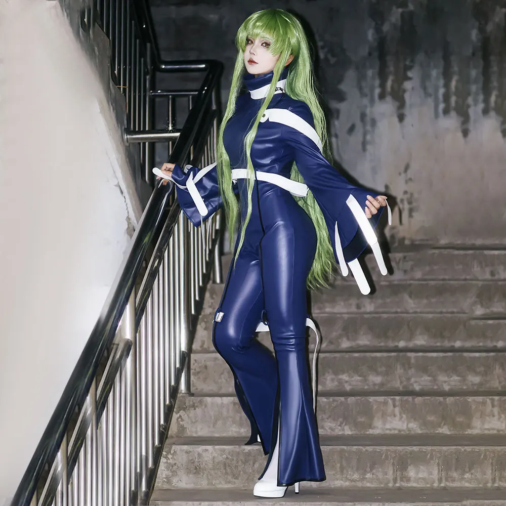 Anime CODE GEASS Lelouch of The Rebellion C.C. Cosplay Costume Green Wig Sexy Dark Blue Leather Bodysuit Costume Woman Halloween - Image 2