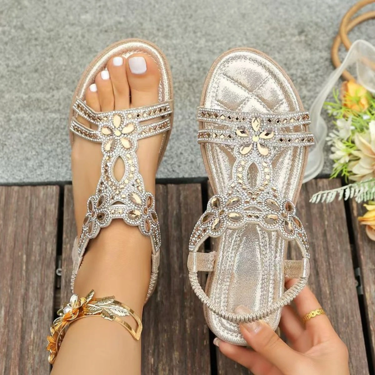 Nuevas sandalias de gladiador con cuña de cristal, sandalias con punta abierta y banda elástica de verano para mujer, zapatos de playa informales de talla grande para mujer