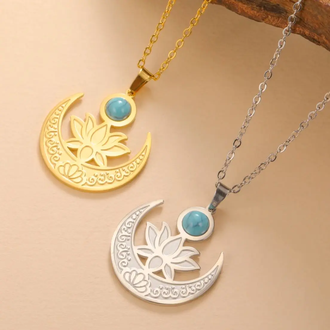 LIKGREAT Lotus Flower Necklace for Women Stainless Steel Healing Engrave Crescent Yoga Pendant Buddhism Amulet Jewelry