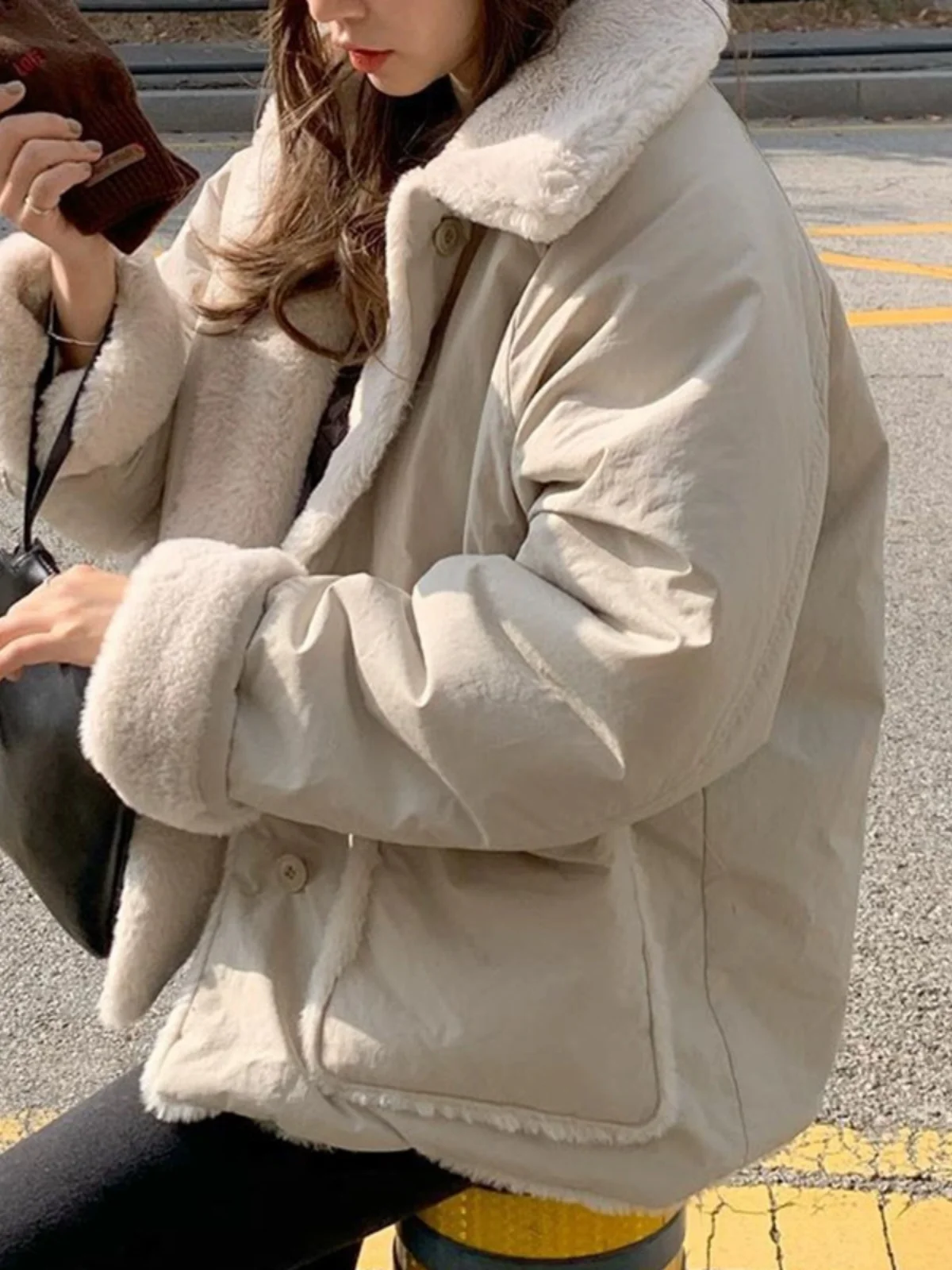 

Женское пушистое хлопковое верхнее белье Buret Thiened, мягкая теплая двусторонняя одежда, винтажное зимнее пальто свободного покроя