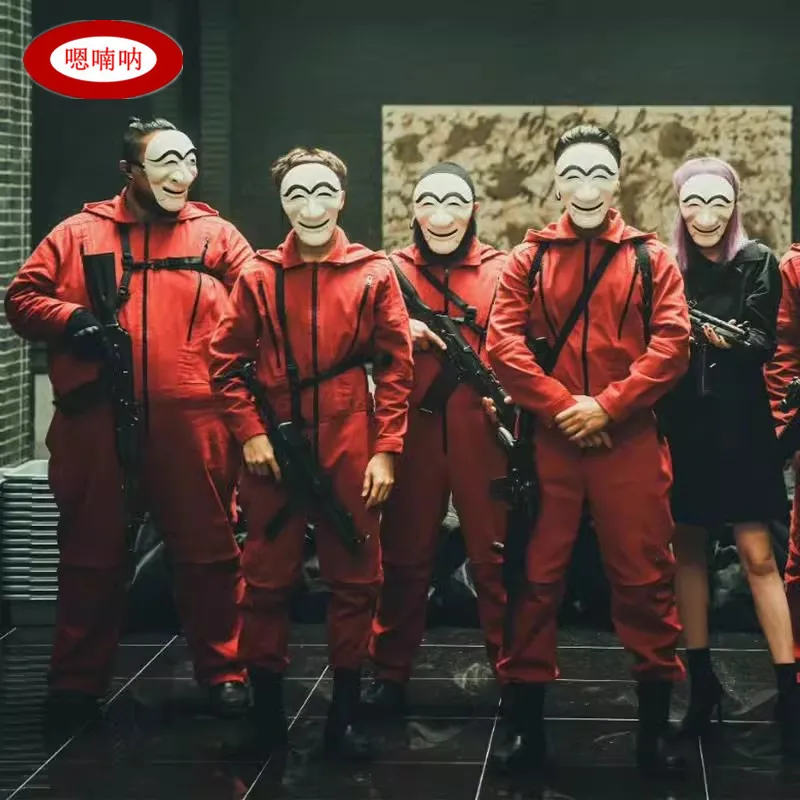Conjunto de mono y máscara rojo unisex, estilo coreano, disfraz para actuación en escenario, traje de arlequín para Halloween, novedad invierno 2023