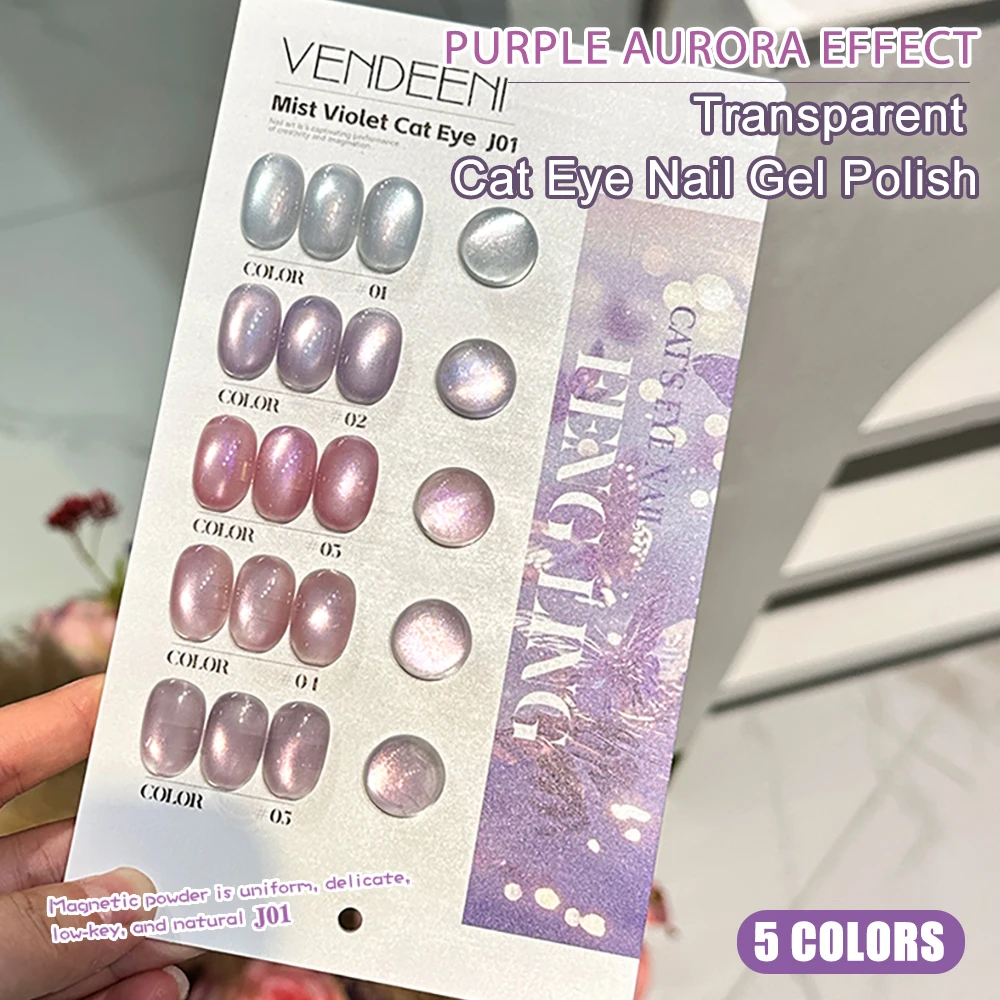Vendeeni 5 Farben/Set Lila Katzenaugen-Gel-Nagellack Magnetischer UV-LED-Gel-Lack Aurora-Effekt Katzenaugen-Gel-Lack mit Display – Detail 3