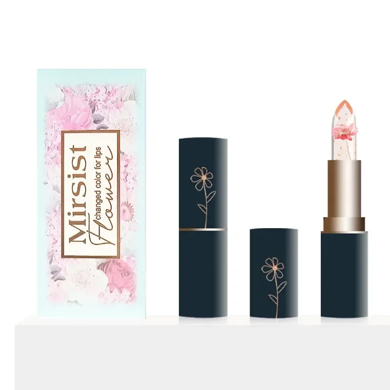 Cosmetics Mirsist Dark Blue Tube Clear Dry Flower Lipstick Gold Leaf Jelly Color Changing Moisturizing Lip Balm for Women