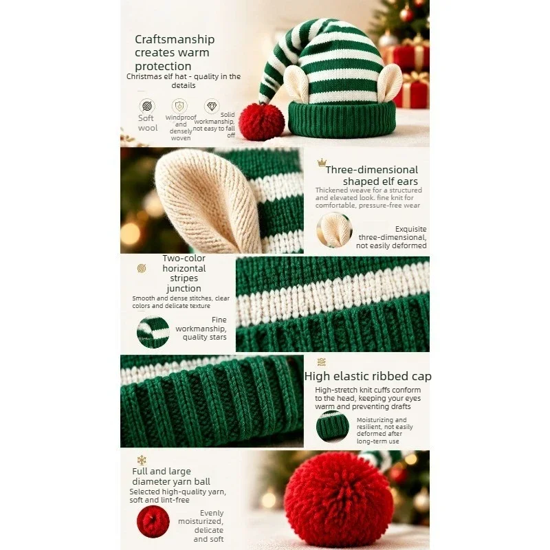 Bonnet de Lutin Rayé avec Oreilles et Pompon – Rouge, Vert ou Blanc – photo 10