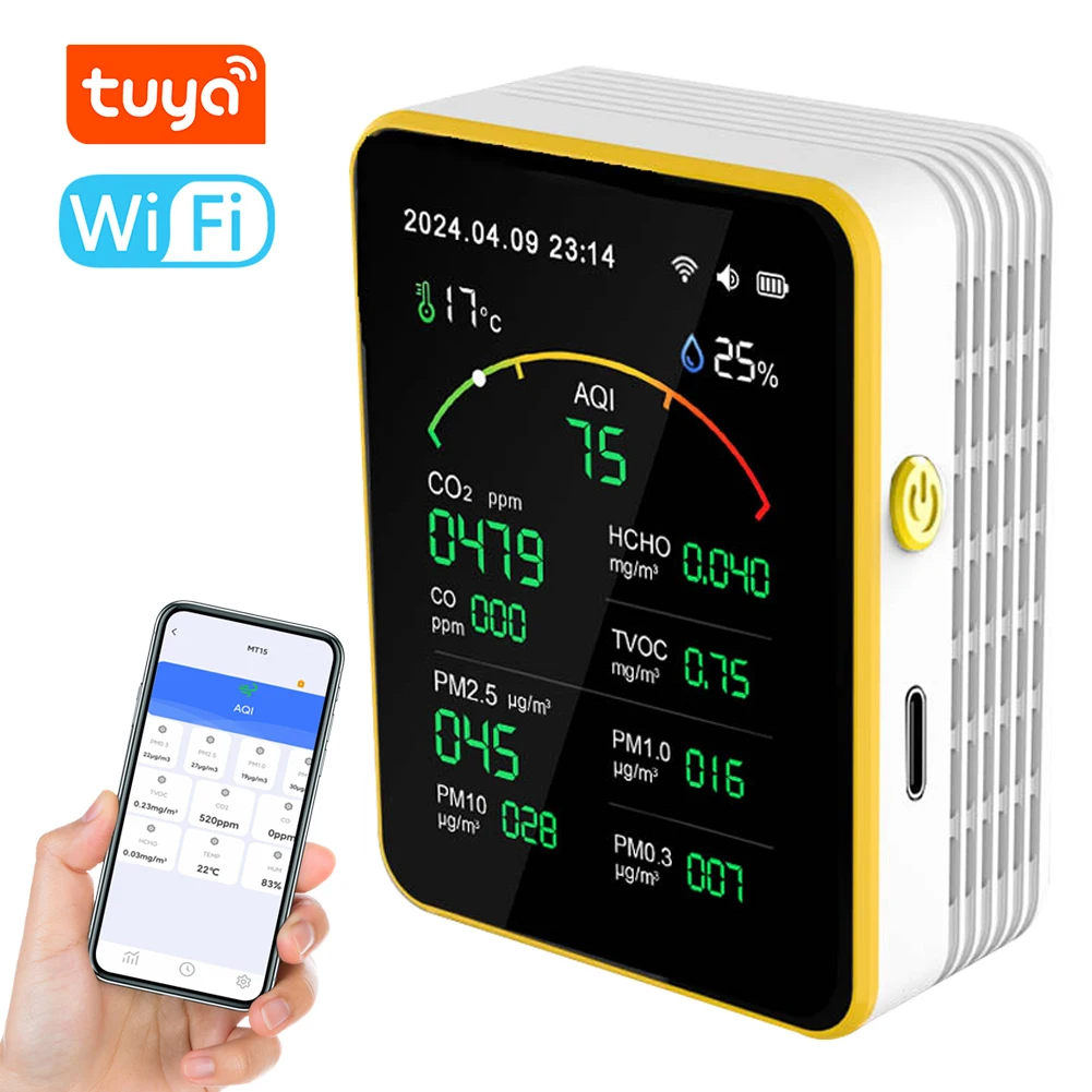 Tuya WiFi 15 w 1 detektor jakości powietrza Tester domowy wyświetlacz TFT wielofunkcyjny miernik temperatury i wilgotności w czasie