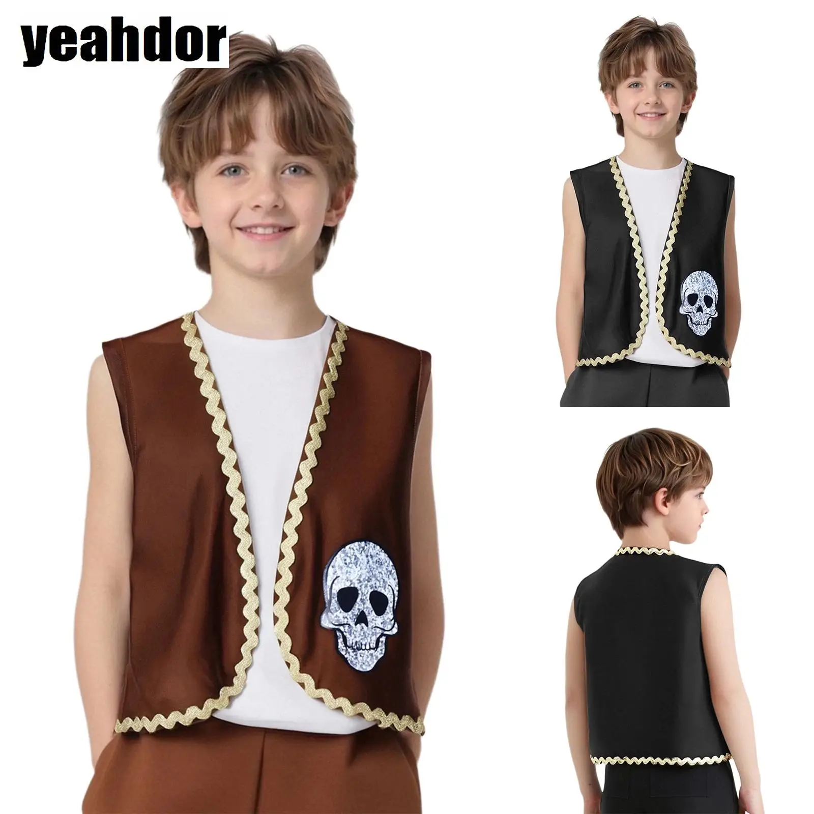 

Girls Boys Pirate Vest Halloween Cosplay Pirate Costumes Skull Bones Print Gold Trim Open Front Pirate Vest Waistcoat Dress Up