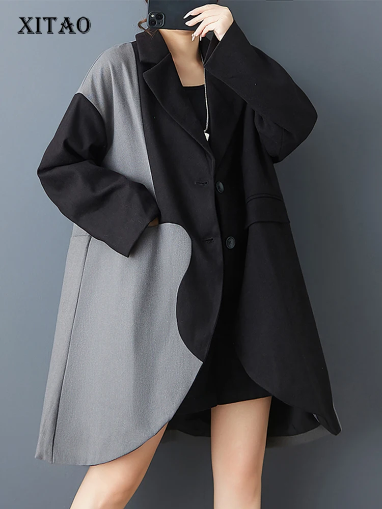 

XITAO Female Patchwork A-line Loose Coat 2025 Autumn New Arrival Full Sleeve V-neck Women Casual Single Breasted Coat GJ1247