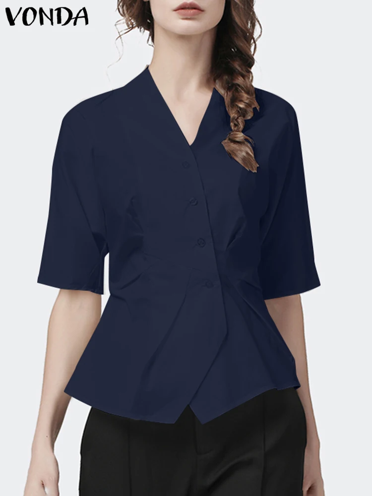 

Women Solid Color Shirts 2024 VONDA Summer Sexy V-Neck Short Sleeve Casual Loose Tunic Tops Button Pleated Blouse Elegant Blusas