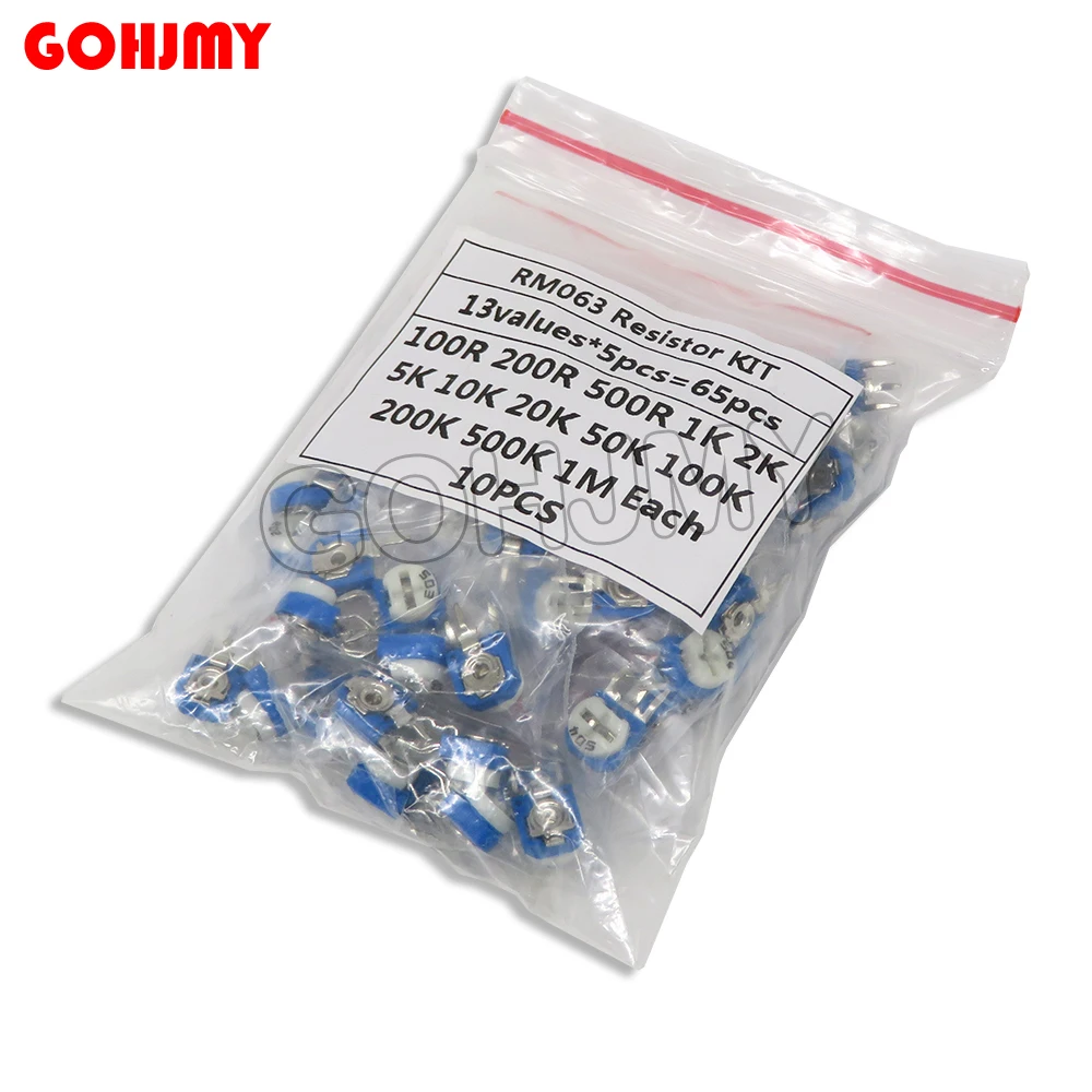 

65PCS RM063 Trimmer Potentiometer Adjustable Resistor Kit 500R 1K 5K 10K 20K 50K 100K 200K 500K 1M RM-063 Variable Resistors