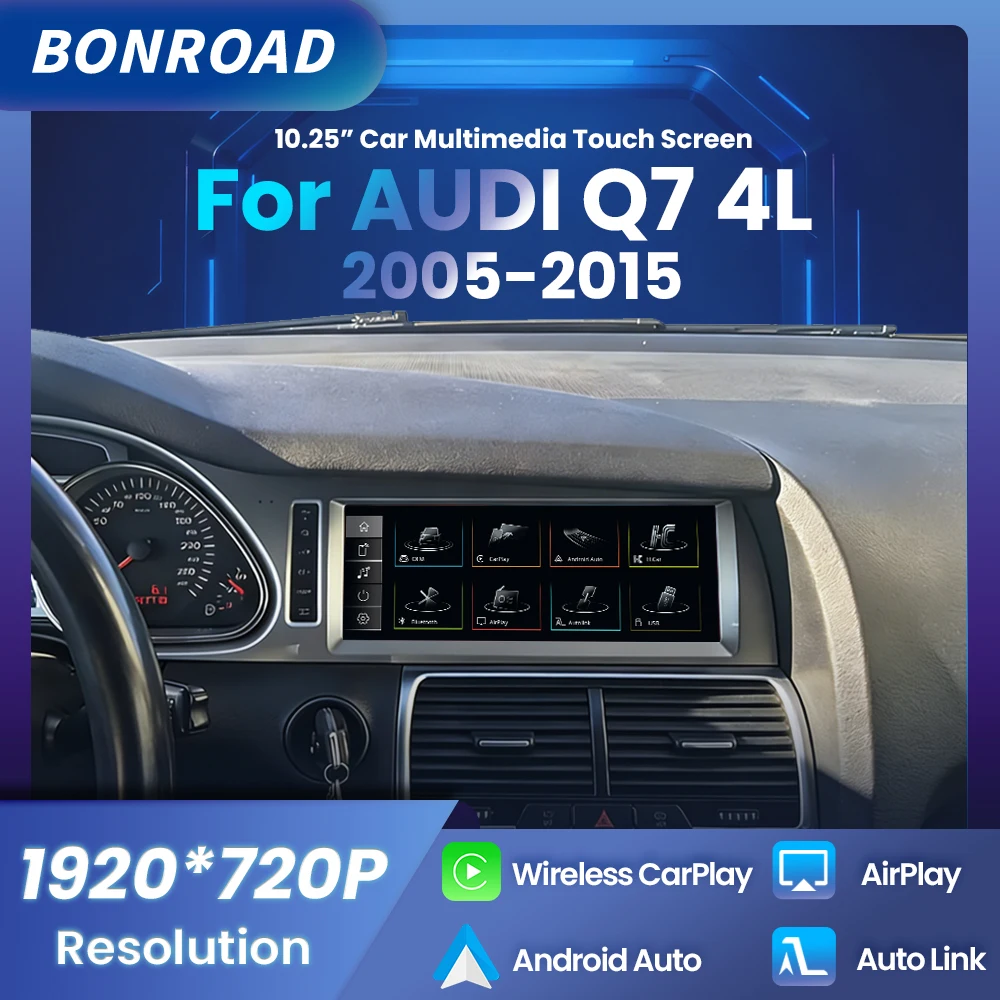 BONROAD 10.25 "sans fil CarPlay lecteur radio de voiture écran tactile multimédia pour Audi Q7 4L 2005-2015 Android Auto Navi Bluetooth5.0