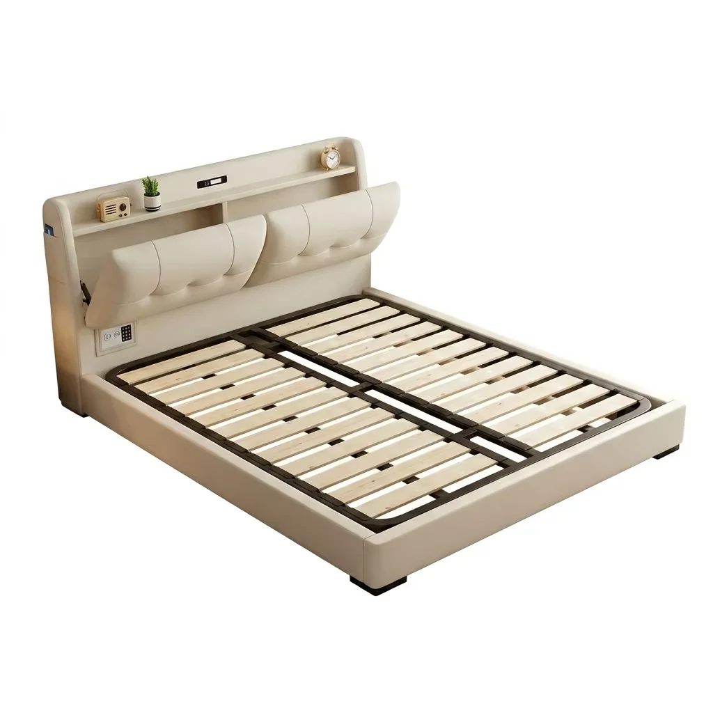 ^Modern Smart Storage Bed with Built-in Security Safe - Flip-Open Headboard Storage Leather Bed