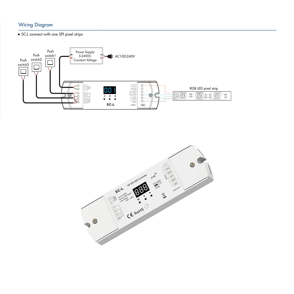 Skydance SC-L DC5-24V 2.4GHzRF + Interruptor SPI 900Pixels Controlador TTL Para WS2811 WS2812 WS2813 WS2815 RGBIC/RGBWIC LED Strip