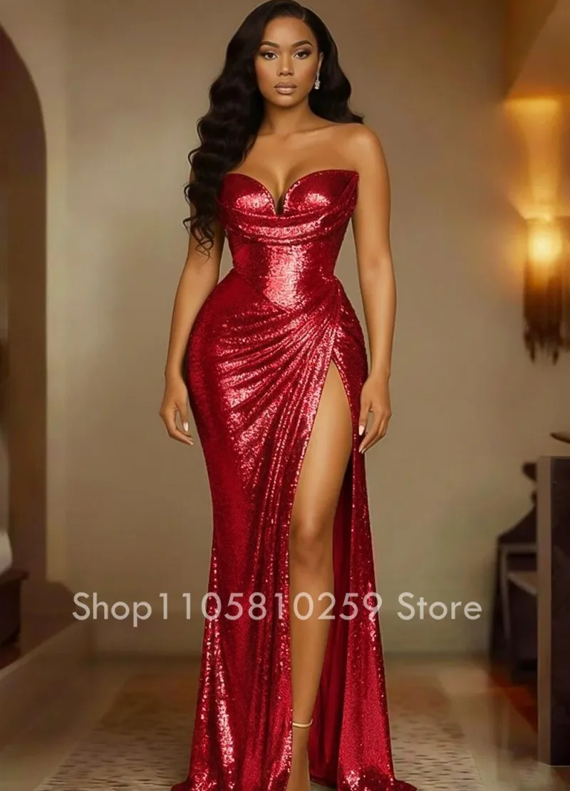 Simple Red Mermaid Party Dresses Gala Sleeveless High Split Sequined Graceful Wedding Prom Gowns Customized vestidos de festa