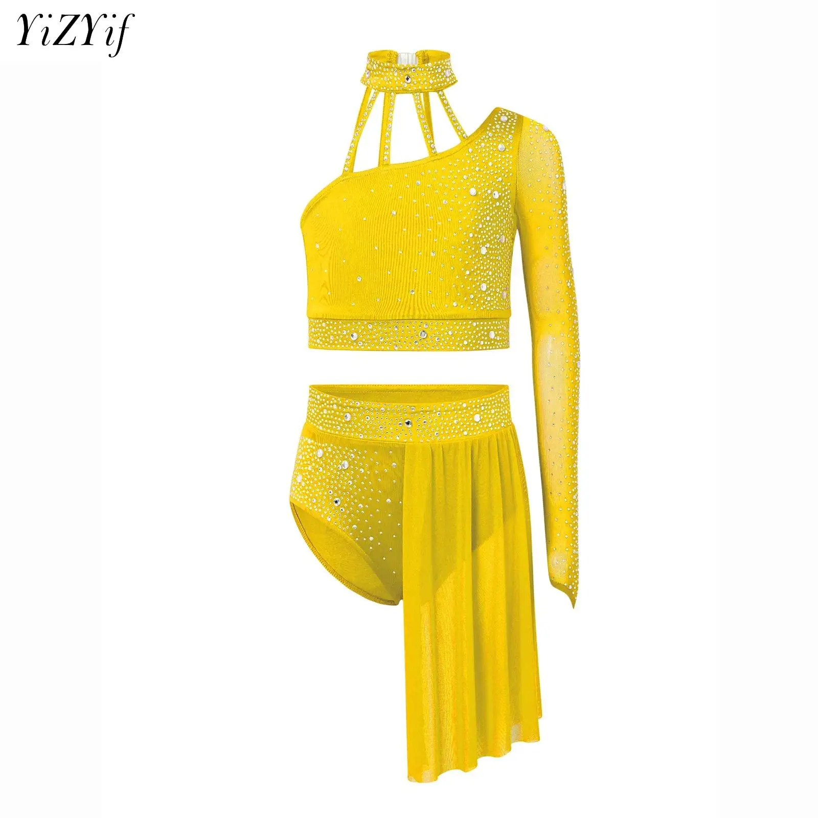 

Kids Girls Contemporary Modern Lyrical Dance Outfit One Shoulder Rhinestone Ballet Belly Dance Crop Top with Irregular Skirt Set