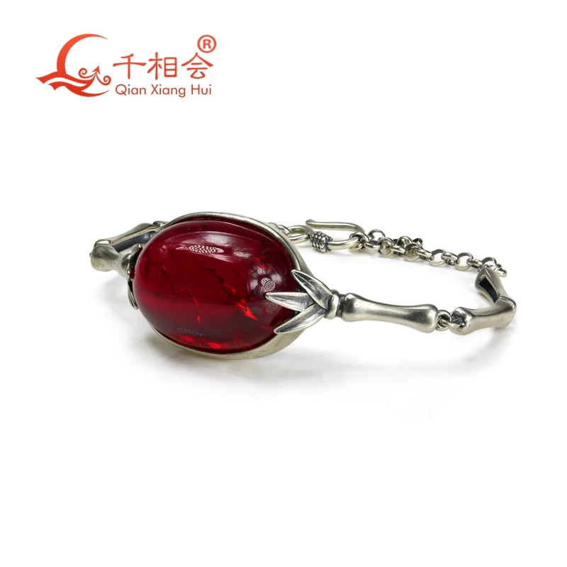 Pigeon Blood Red Lab Grown Ruby Inclusions 45CT 18x25mm Oval Shape  Adjustable Bracelet 925 Silver Jewelry
